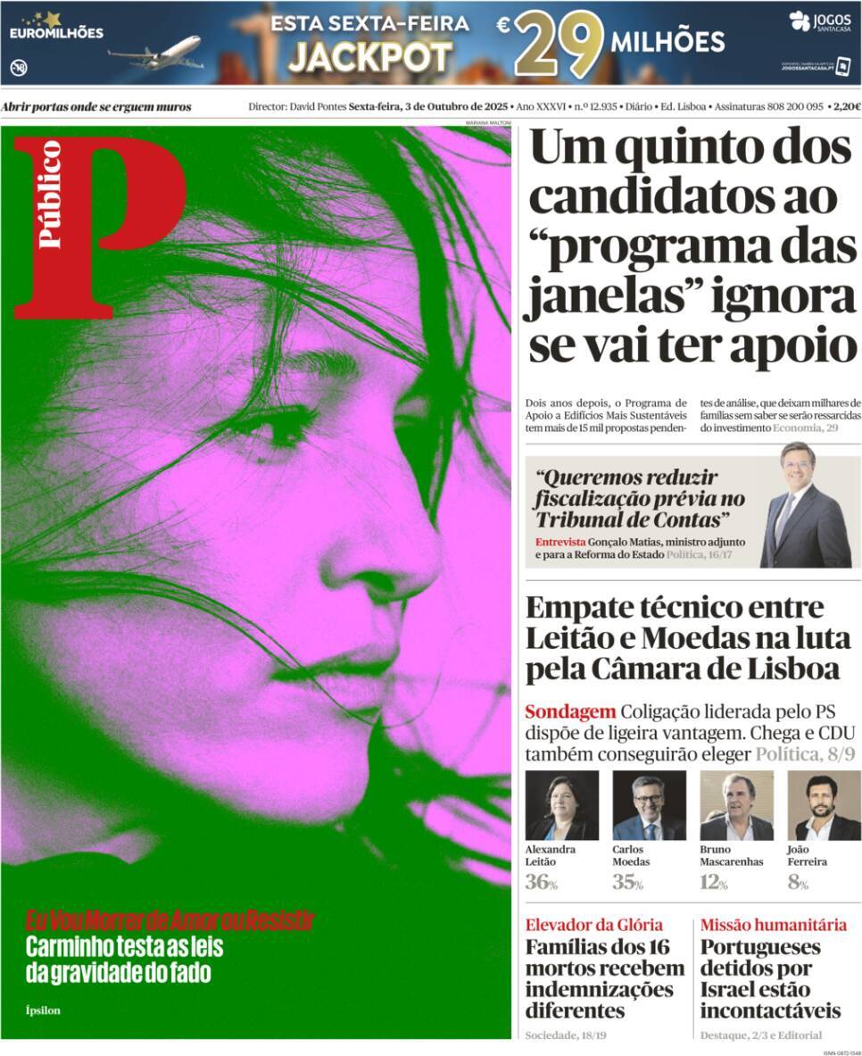 P&uacute;blico: Capa da Edi&ccedil;&atilde;o de sexta-feira, 03 de outubro 2025