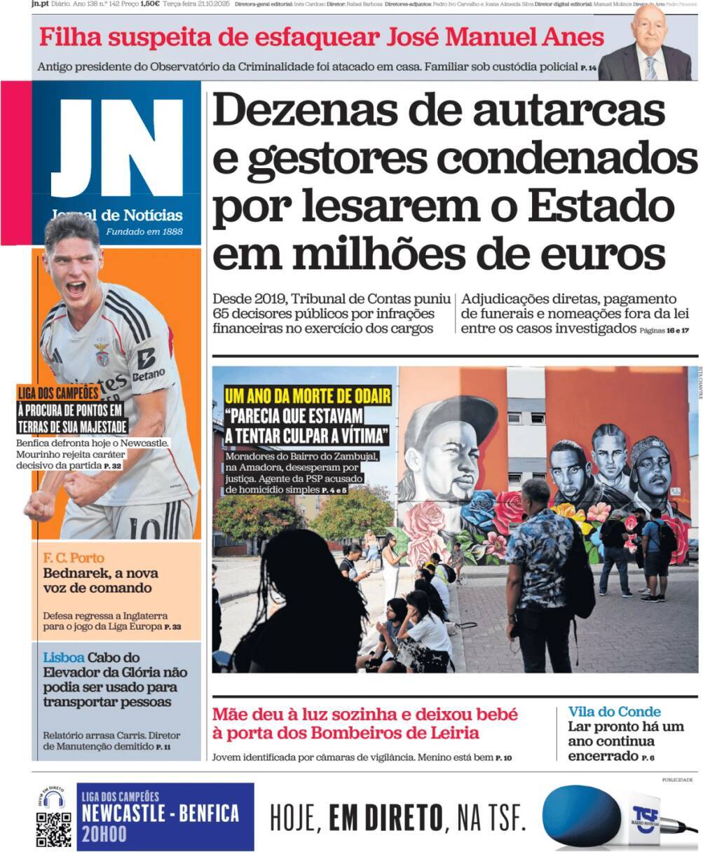 Jornal de Not&iacute;cias: Capa da Edi&ccedil;&atilde;o de ter&ccedil;a-feira, 21 de outubro 2025