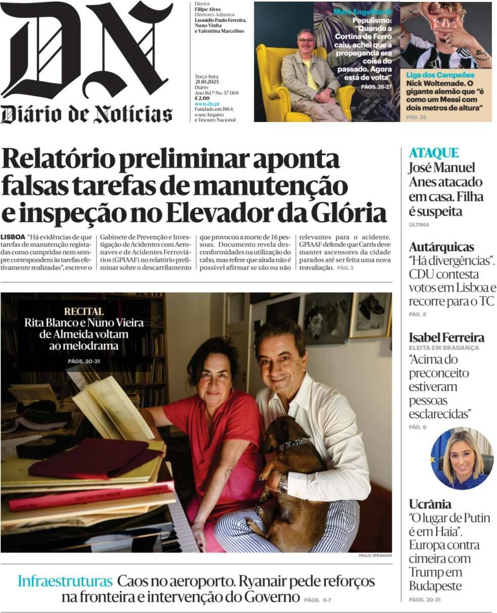 Di&aacute;rio de Not&iacute;cias: Capa da Edi&ccedil;&atilde;o de ter&ccedil;a-feira, 21 de outubro 2025