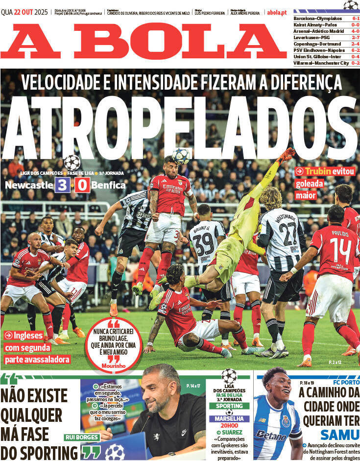 A Bola: Capa da Edi&ccedil;&atilde;o de quarta-feira, 22 de outubro 2025