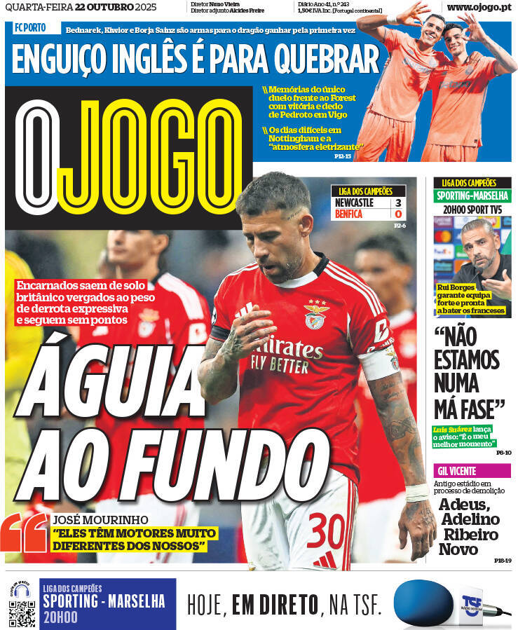 O Jogo: Capa da Edi&ccedil;&atilde;o de quarta-feira, 22 de outubro 2025