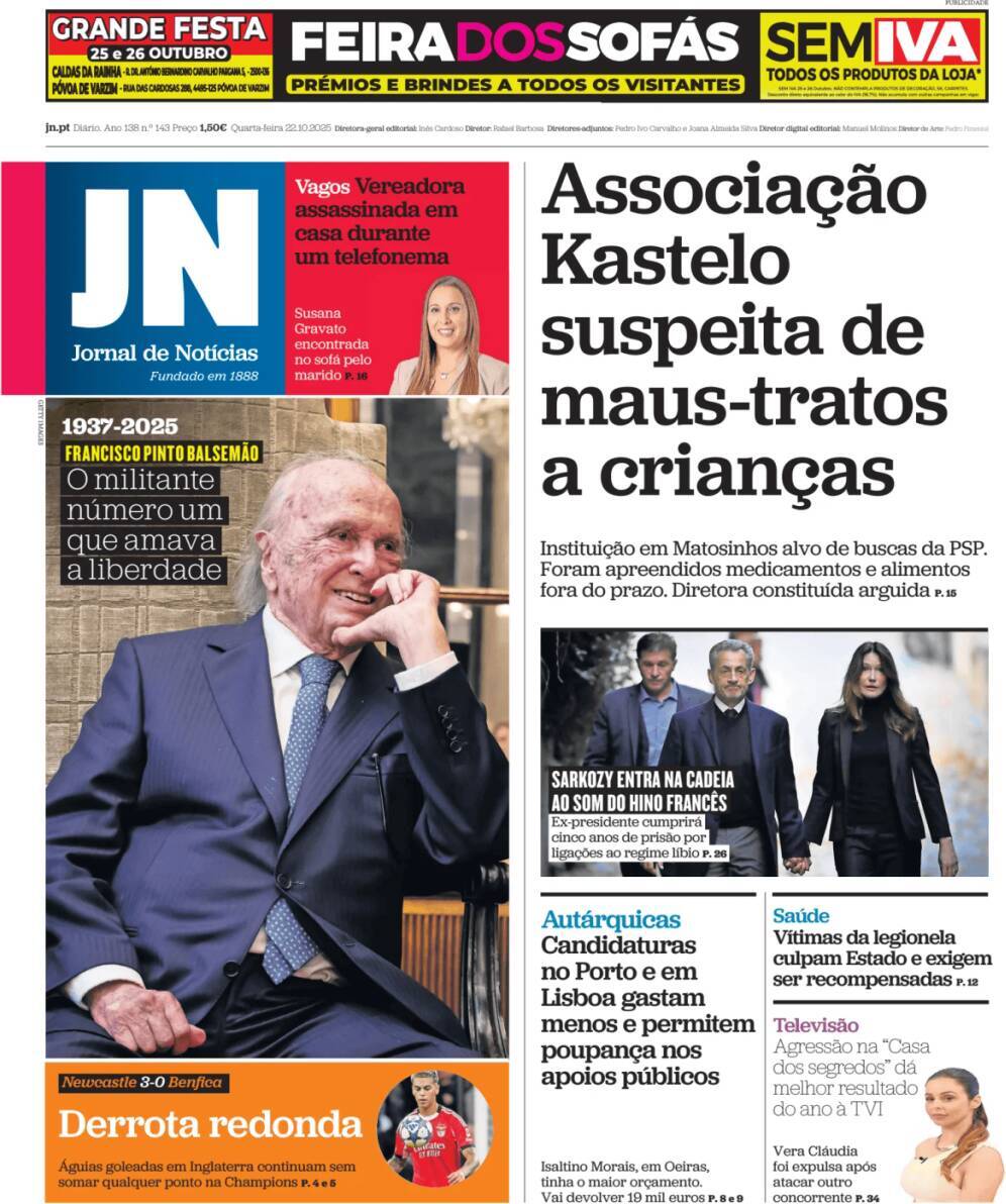 Jornal de Not&iacute;cias: Capa da Edi&ccedil;&atilde;o de quarta-feira, 22 de outubro 2025