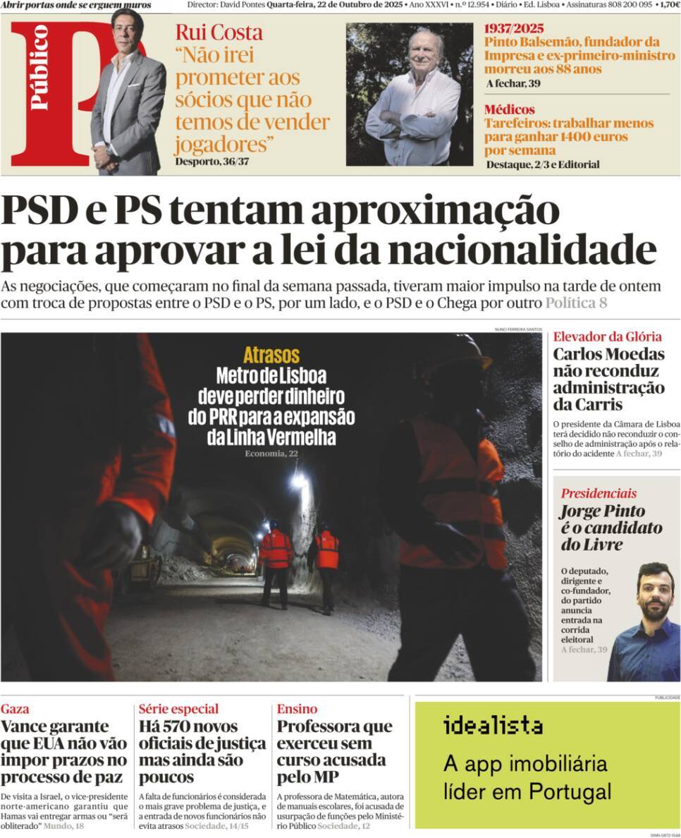 P&uacute;blico: Capa da Edi&ccedil;&atilde;o de quarta-feira, 22 de outubro 2025