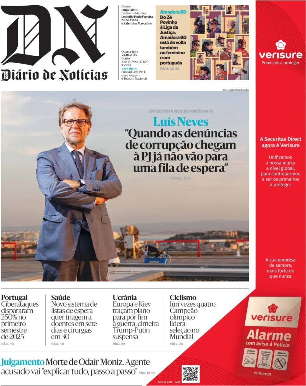 Di&aacute;rio de Not&iacute;cias: Capa da Edi&ccedil;&atilde;o de quarta-feira, 22 de outubro 2025