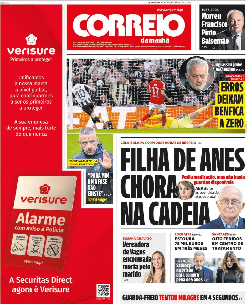 Correio da Manh&atilde;: Capa da Edi&ccedil;&atilde;o de quarta-feira, 22 de outubro 2025