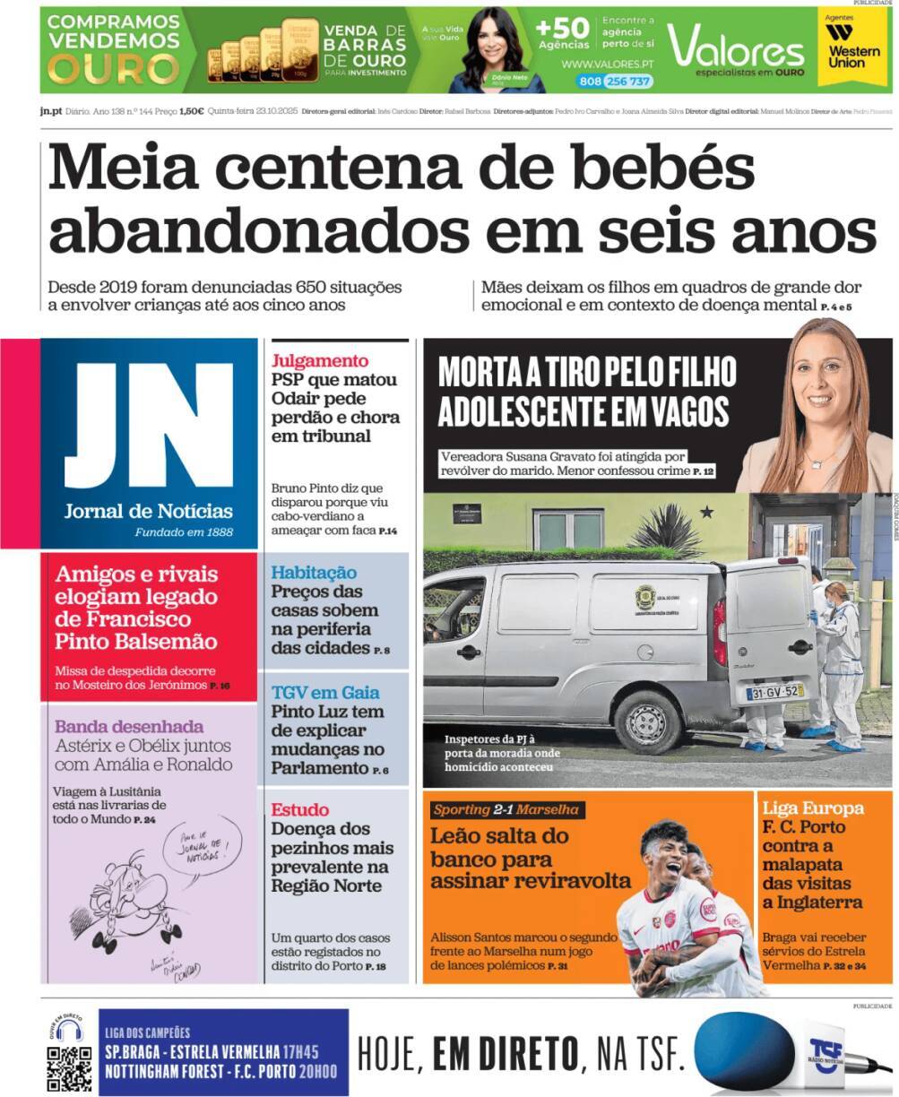 Jornal de Not&iacute;cias: Capa da Edi&ccedil;&atilde;o de quinta-feira, 23 de outubro 2025