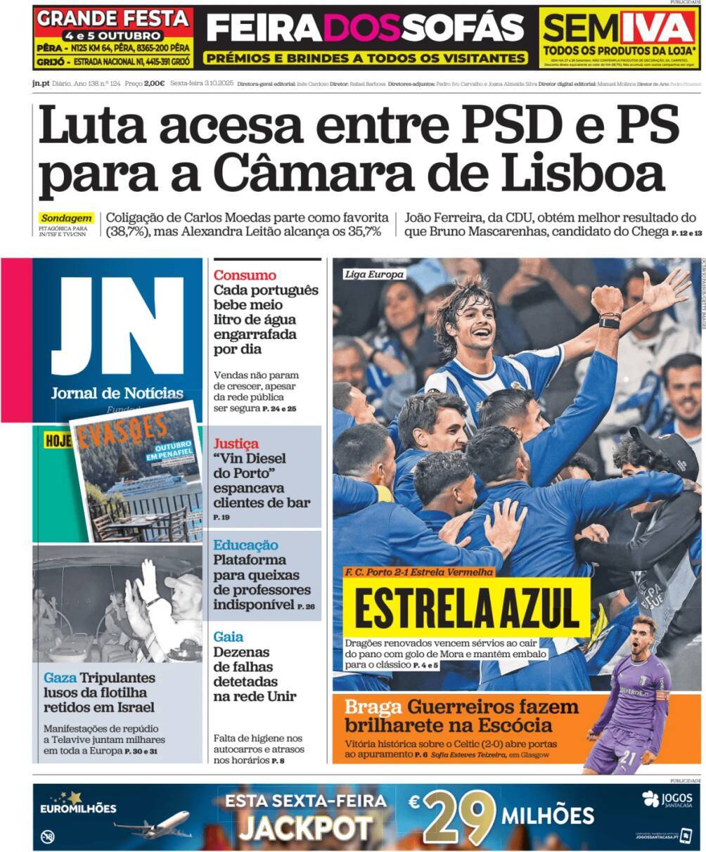 Jornal de Not&iacute;cias: Capa da Edi&ccedil;&atilde;o de sexta-feira, 03 de outubro 2025