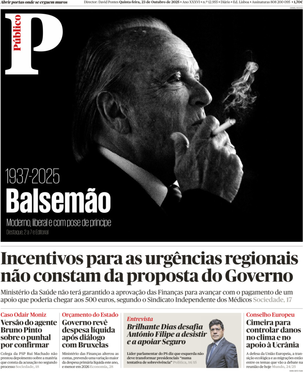 P&uacute;blico: Capa da Edi&ccedil;&atilde;o de quinta-feira, 23 de outubro 2025