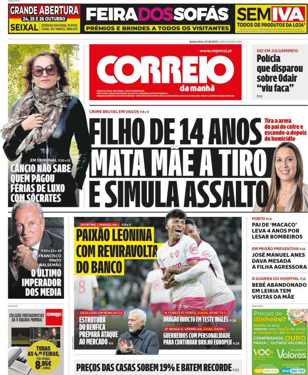 Correio da Manh&atilde;: Capa da Edi&ccedil;&atilde;o de quinta-feira, 23 de outubro 2025