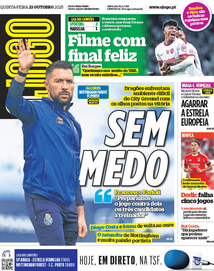 O Jogo: Capa da Edi&ccedil;&atilde;o de quinta-feira, 23 de outubro 2025