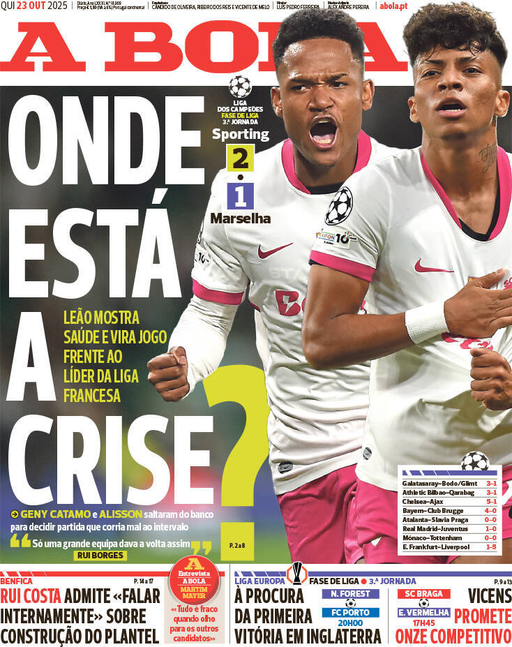 A Bola: Capa da Edi&ccedil;&atilde;o de quinta-feira, 23 de outubro 2025