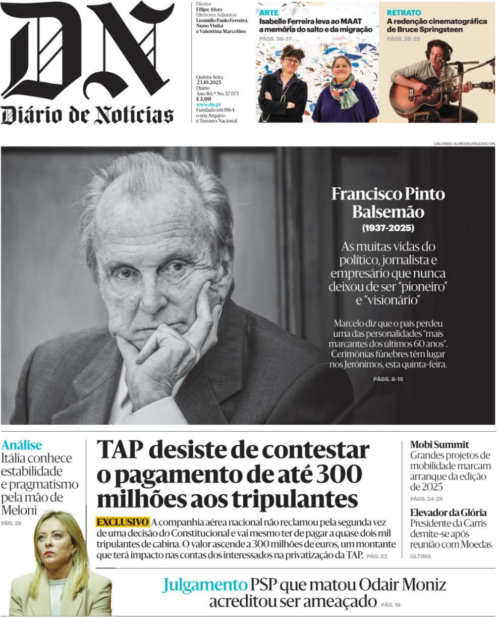 Di&aacute;rio de Not&iacute;cias: Capa da Edi&ccedil;&atilde;o de quinta-feira, 23 de outubro 2025