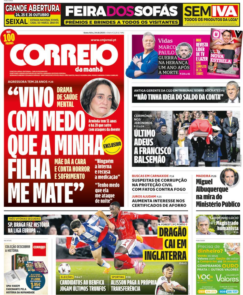 Correio da Manh&atilde;: Capa da Edi&ccedil;&atilde;o de sexta-feira, 24 de outubro 2025