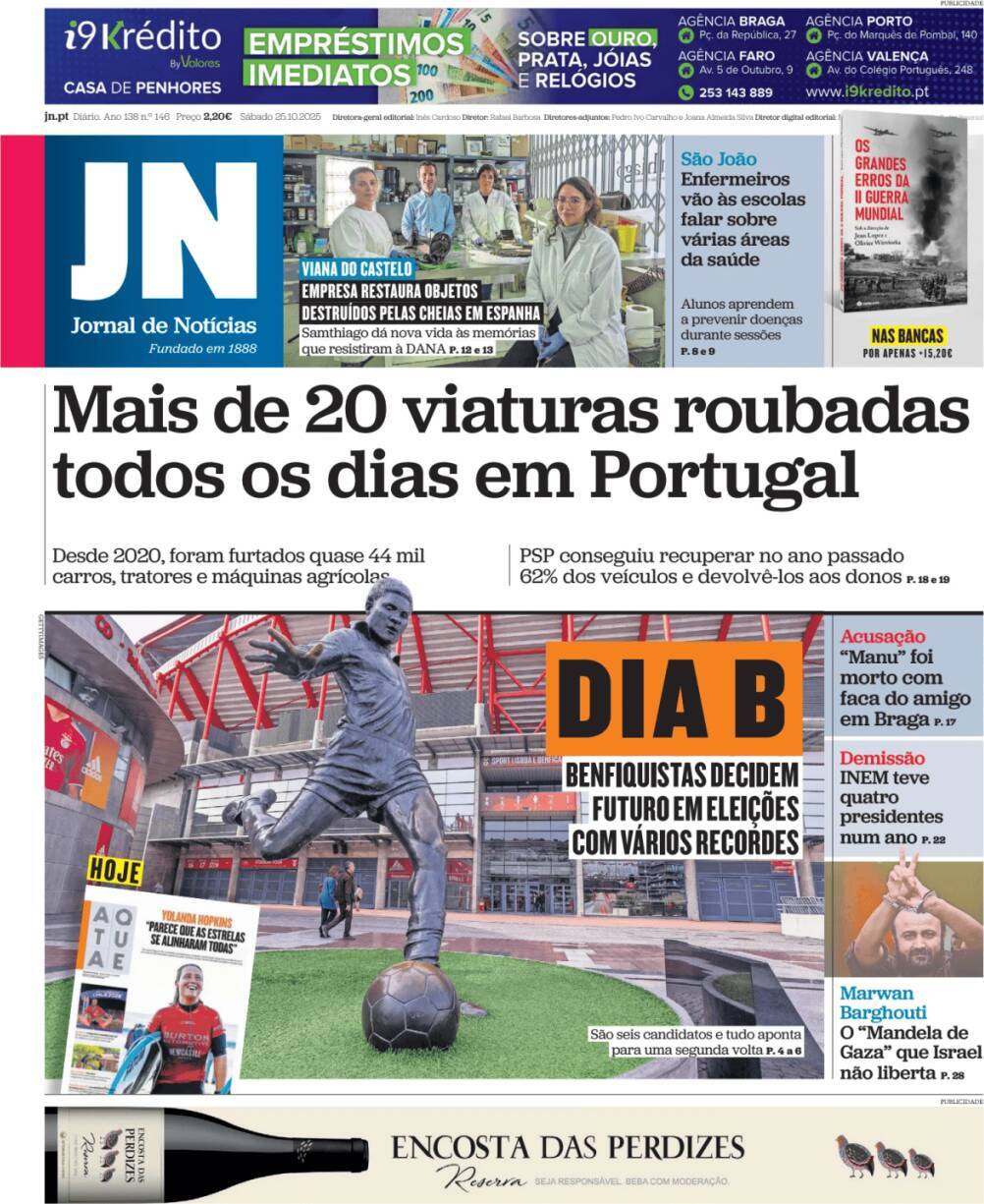 Jornal de Not&iacute;cias: Capa da Edi&ccedil;&atilde;o de s&aacute;bado, 25 de outubro 2025