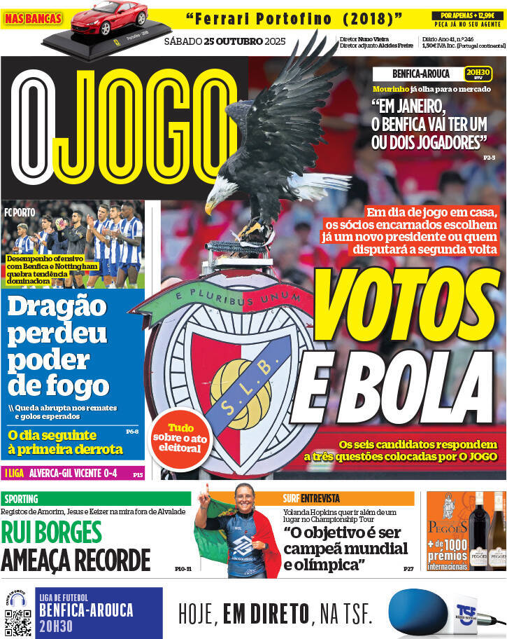 O Jogo: Capa da Edi&ccedil;&atilde;o de s&aacute;bado, 25 de outubro 2025