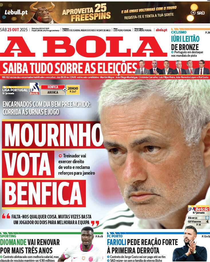 A Bola: Capa da Edi&ccedil;&atilde;o de s&aacute;bado, 25 de outubro 2025
