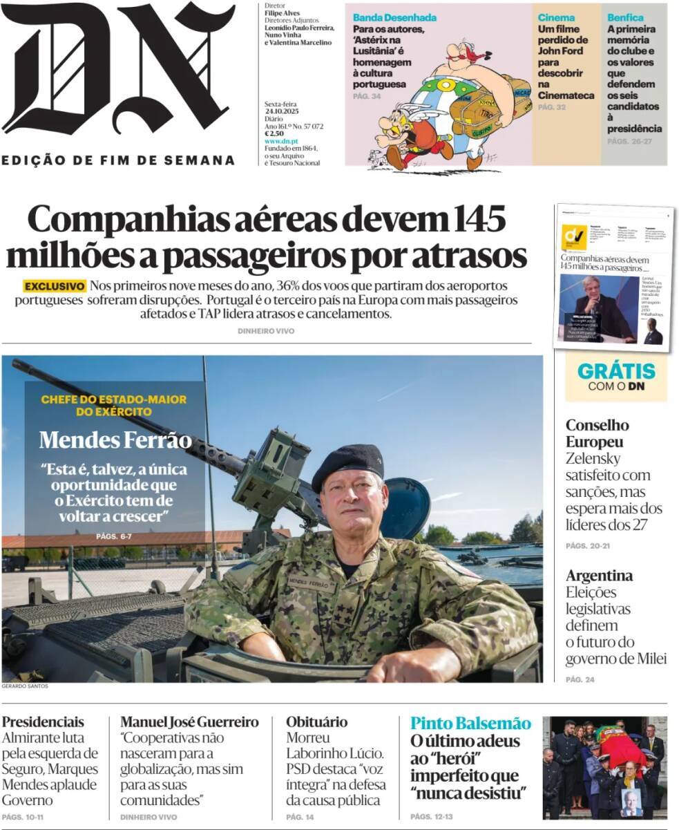 Di&aacute;rio de Not&iacute;cias: Capa da Edi&ccedil;&atilde;o de sexta-feira, 24 de outubro 2025