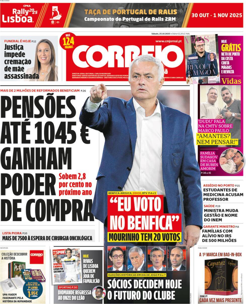 Correio da Manh&atilde;: Capa da Edi&ccedil;&atilde;o de s&aacute;bado, 25 de outubro 2025