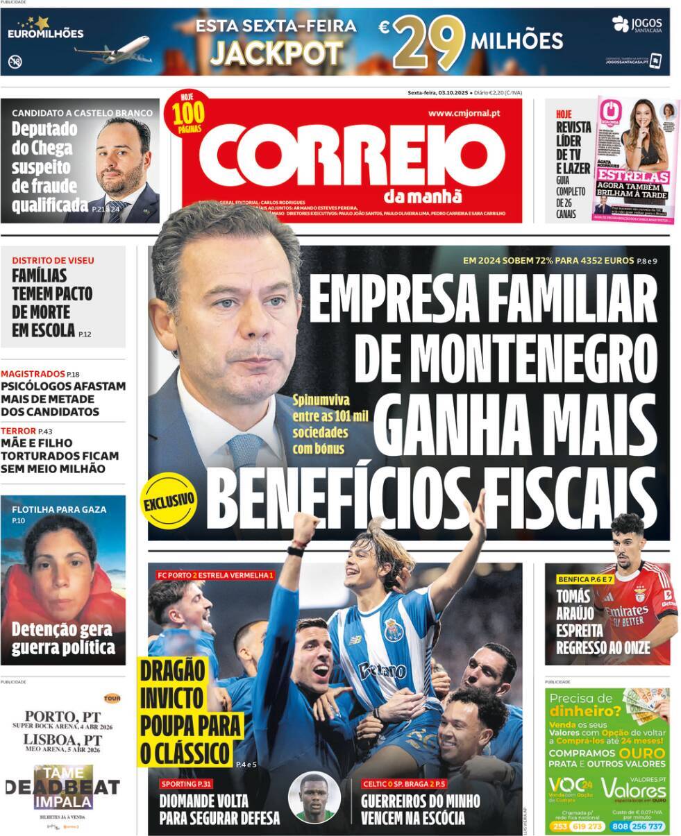 Correio da Manh&atilde;: Capa da Edi&ccedil;&atilde;o de sexta-feira, 03 de outubro 2025