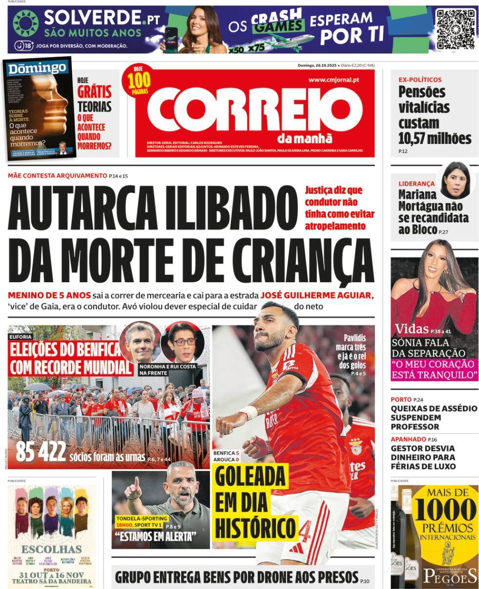 Correio da Manh&atilde;: Capa da Edi&ccedil;&atilde;o de domingo, 26 de outubro 2025