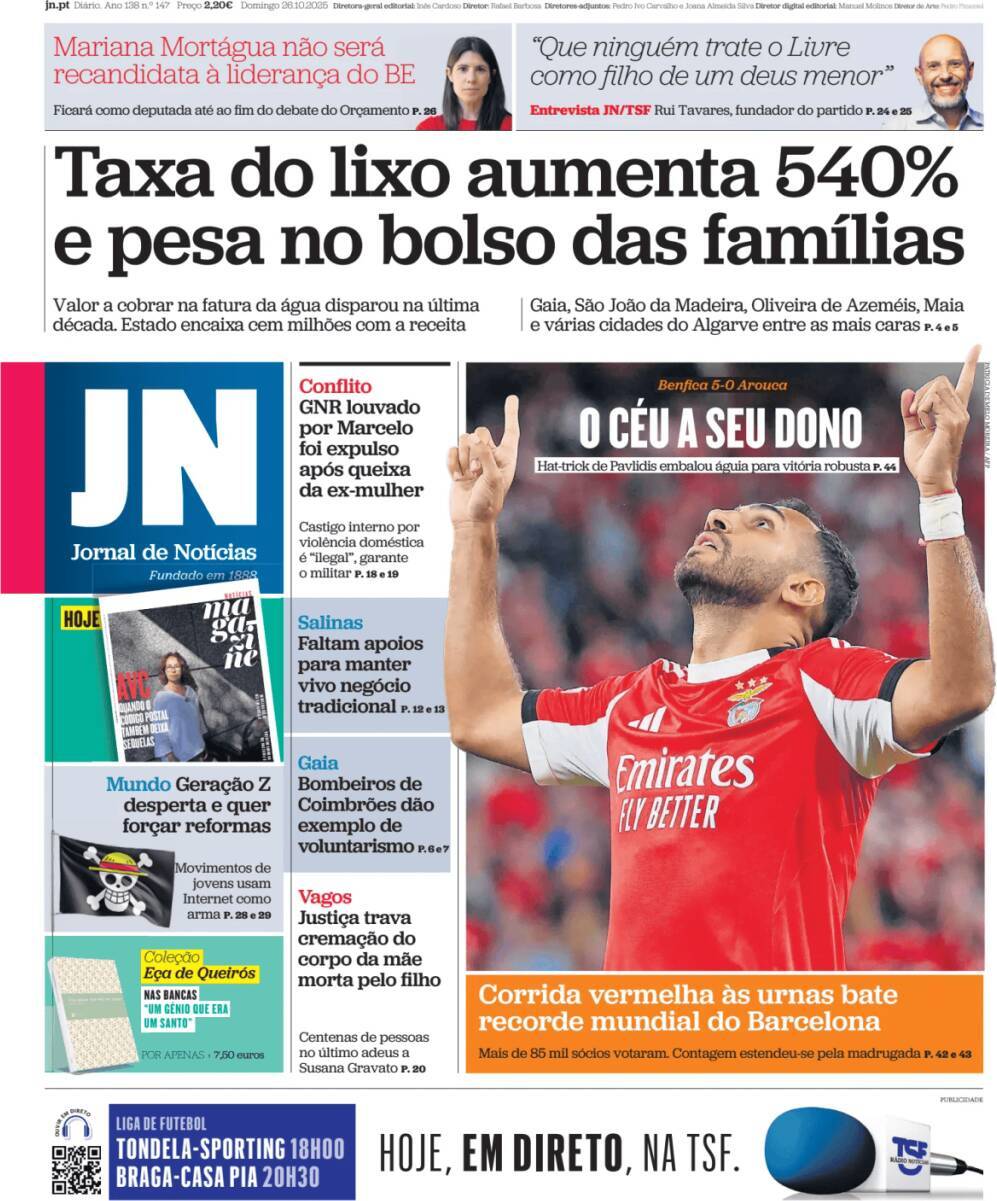 Jornal de Not&iacute;cias: Capa da Edi&ccedil;&atilde;o de domingo, 26 de outubro 2025