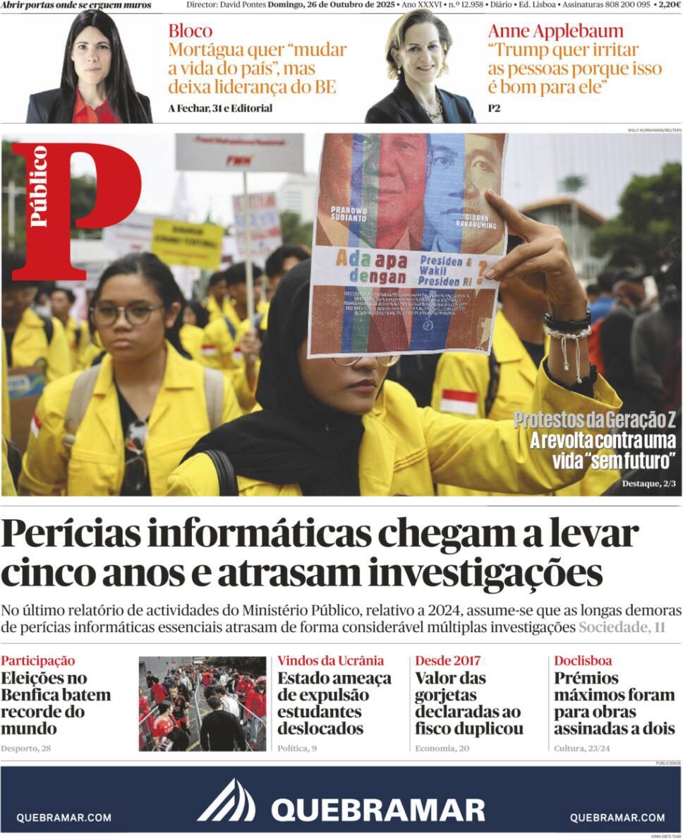 P&uacute;blico: Capa da Edi&ccedil;&atilde;o de domingo, 26 de outubro 2025