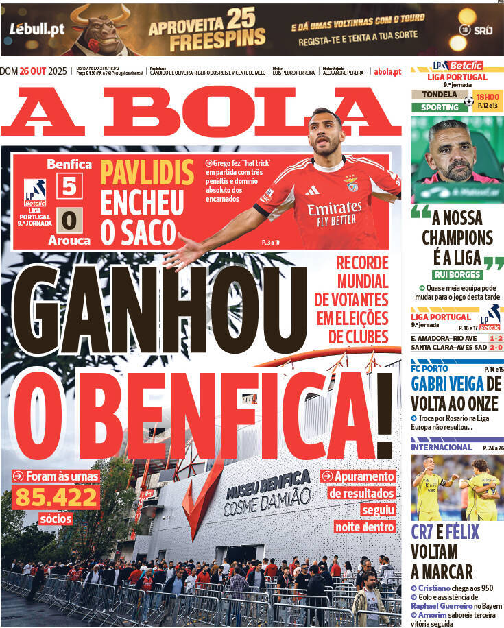 A Bola: Capa da Edi&ccedil;&atilde;o de domingo, 26 de outubro 2025