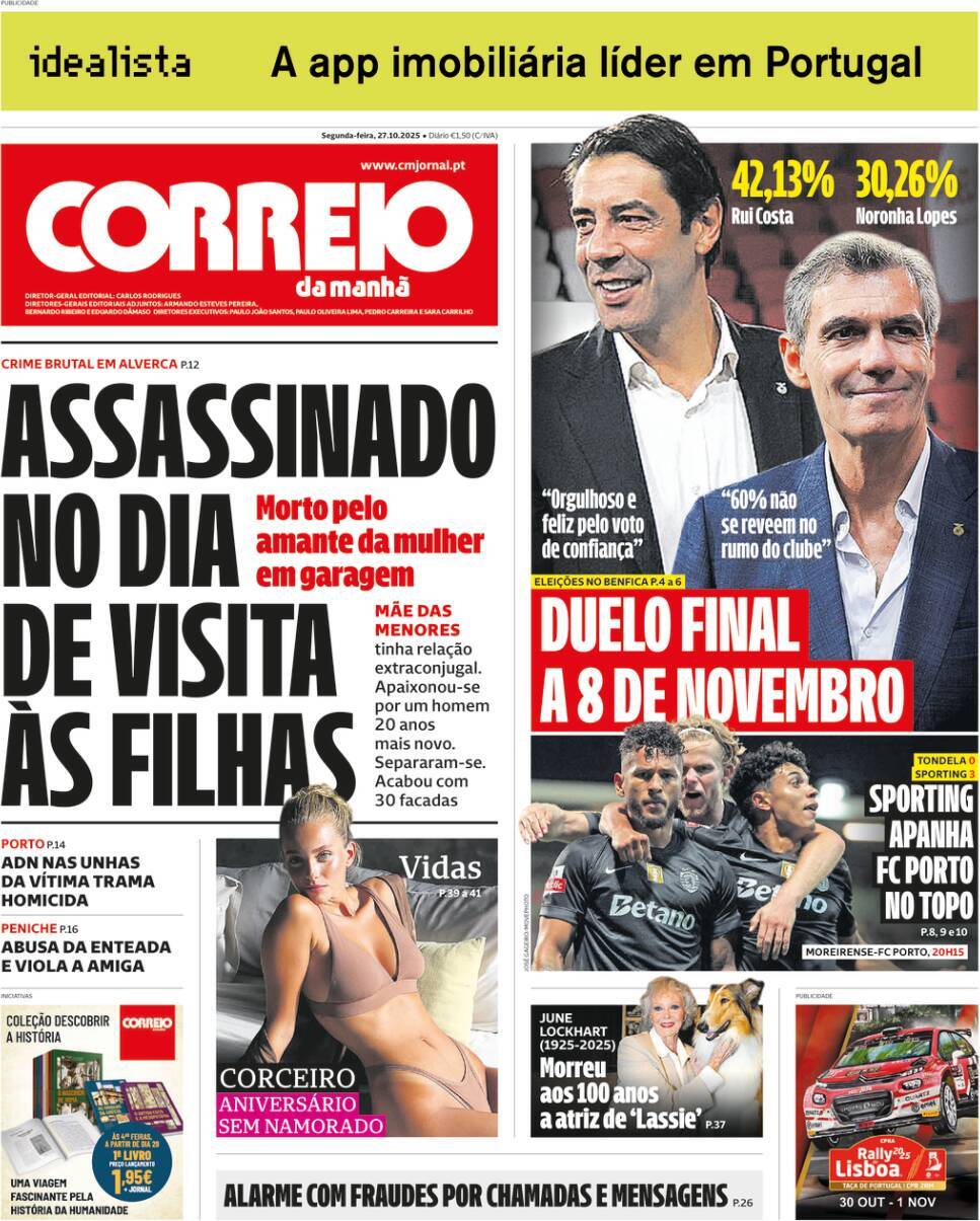 Correio da Manh&atilde;: Capa da Edi&ccedil;&atilde;o de segunda-feira, 27 de outubro 2025