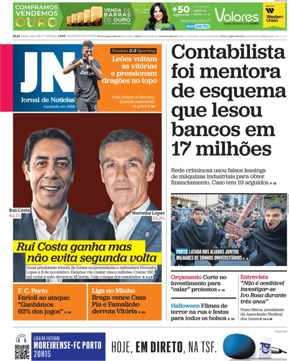 Jornal de Not&iacute;cias: Capa da Edi&ccedil;&atilde;o de segunda-feira, 27 de outubro 2025