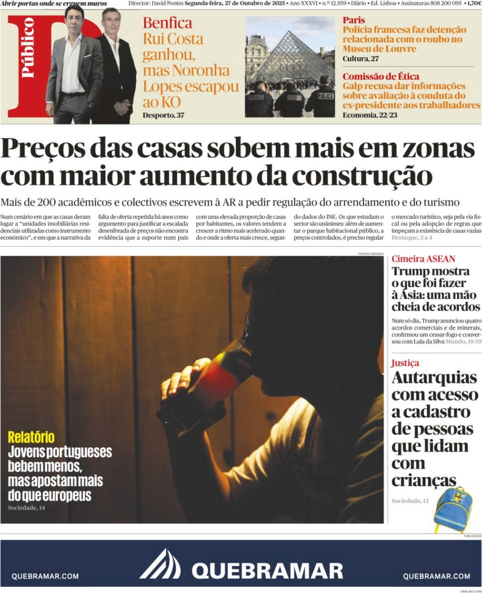 P&uacute;blico: Capa da Edi&ccedil;&atilde;o de segunda-feira, 27 de outubro 2025