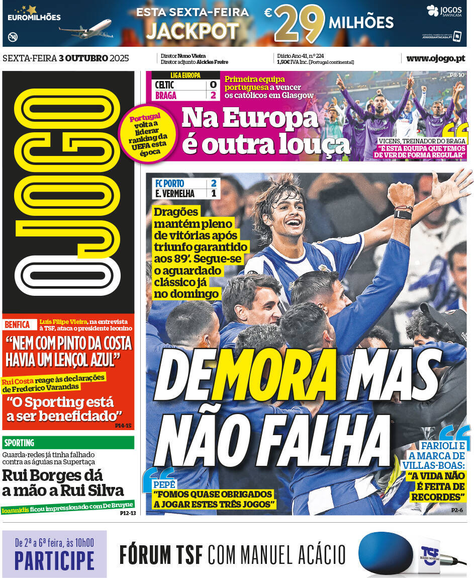 O Jogo: Capa da Edi&ccedil;&atilde;o de sexta-feira, 03 de outubro 2025