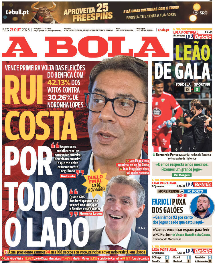 A Bola: Capa da Edi&ccedil;&atilde;o de segunda-feira, 27 de outubro 2025
