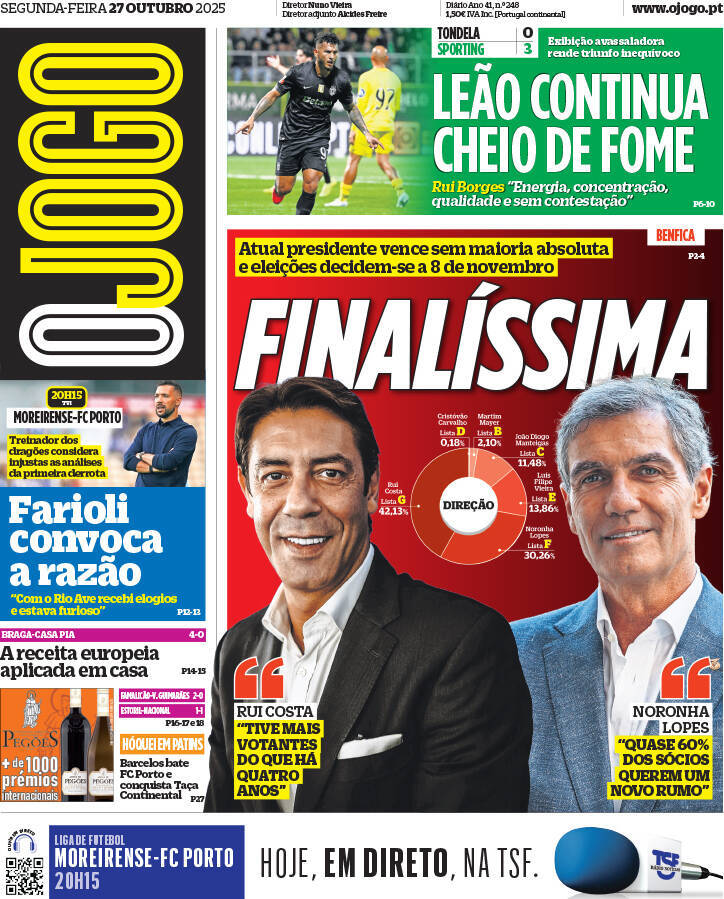 O Jogo: Capa da Edi&ccedil;&atilde;o de segunda-feira, 27 de outubro 2025