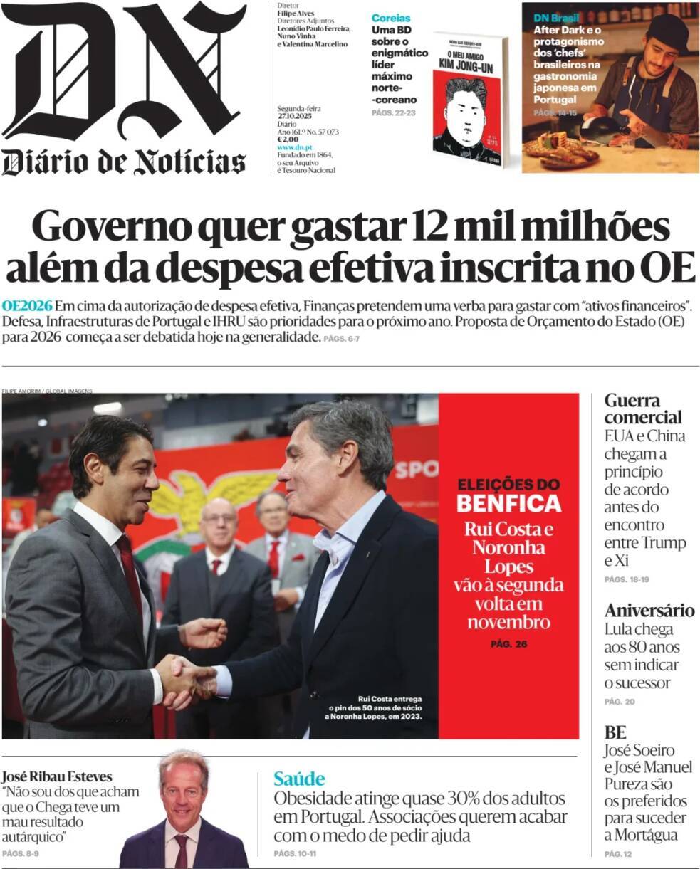 Di&aacute;rio de Not&iacute;cias: Capa da Edi&ccedil;&atilde;o de segunda-feira, 27 de outubro 2025