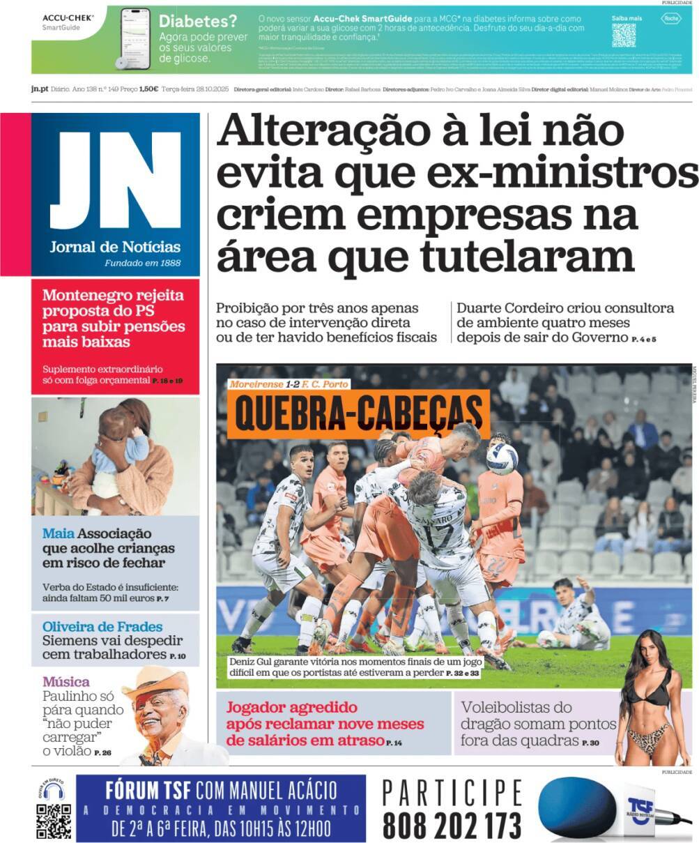 Jornal de Not&iacute;cias: Capa da Edi&ccedil;&atilde;o de ter&ccedil;a-feira, 28 de outubro 2025