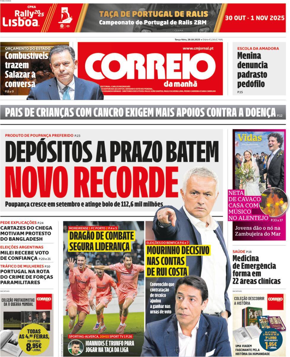 Correio da Manh&atilde;: Capa da Edi&ccedil;&atilde;o de ter&ccedil;a-feira, 28 de outubro 2025