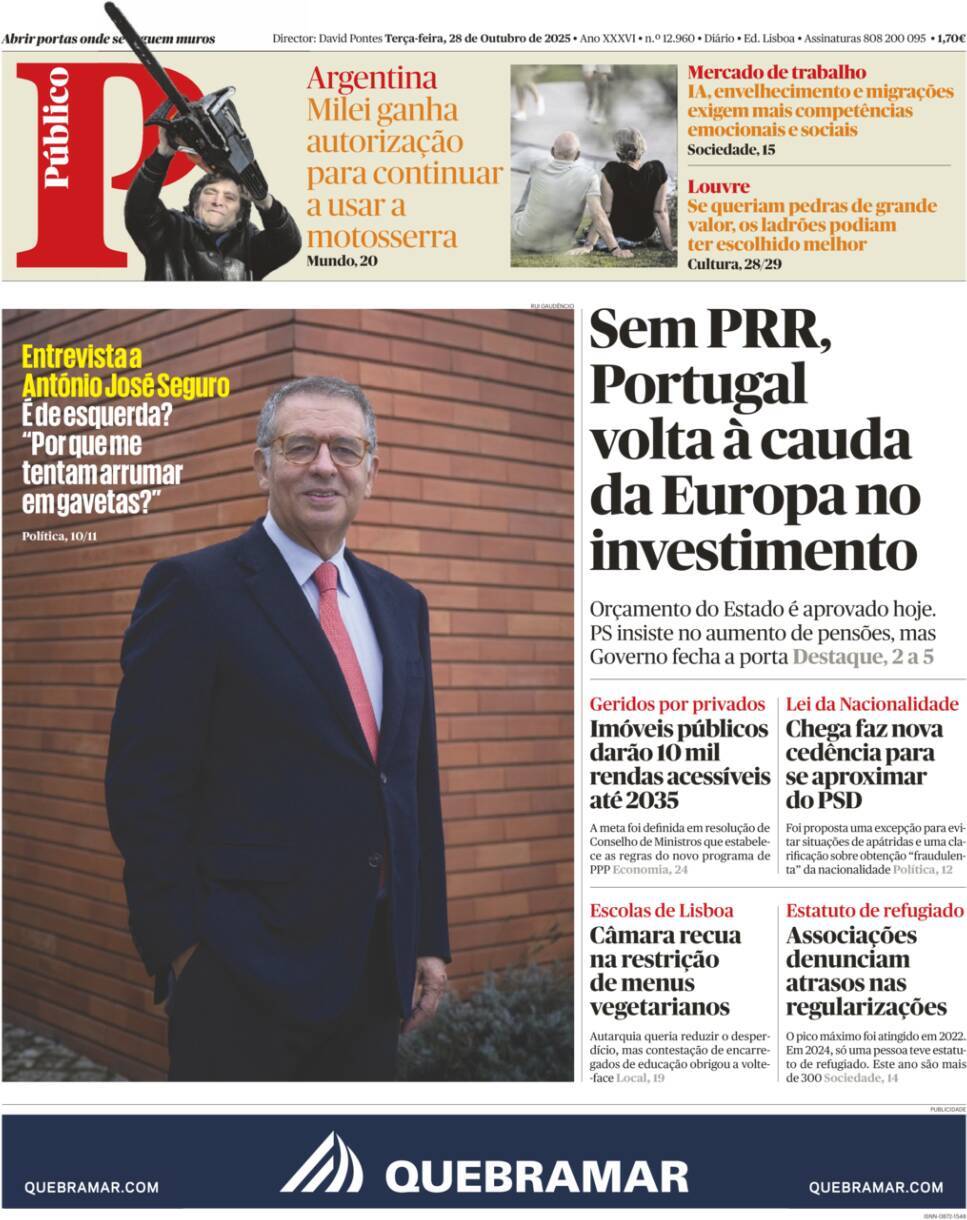 P&uacute;blico: Capa da Edi&ccedil;&atilde;o de ter&ccedil;a-feira, 28 de outubro 2025