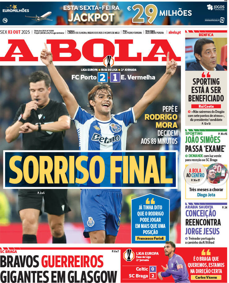 A Bola: Capa da Edi&ccedil;&atilde;o de sexta-feira, 03 de outubro 2025