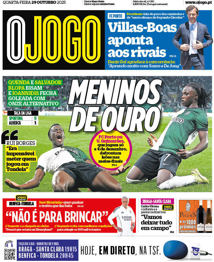 O Jogo: Capa da Edi&ccedil;&atilde;o de quarta-feira, 29 de outubro 2025