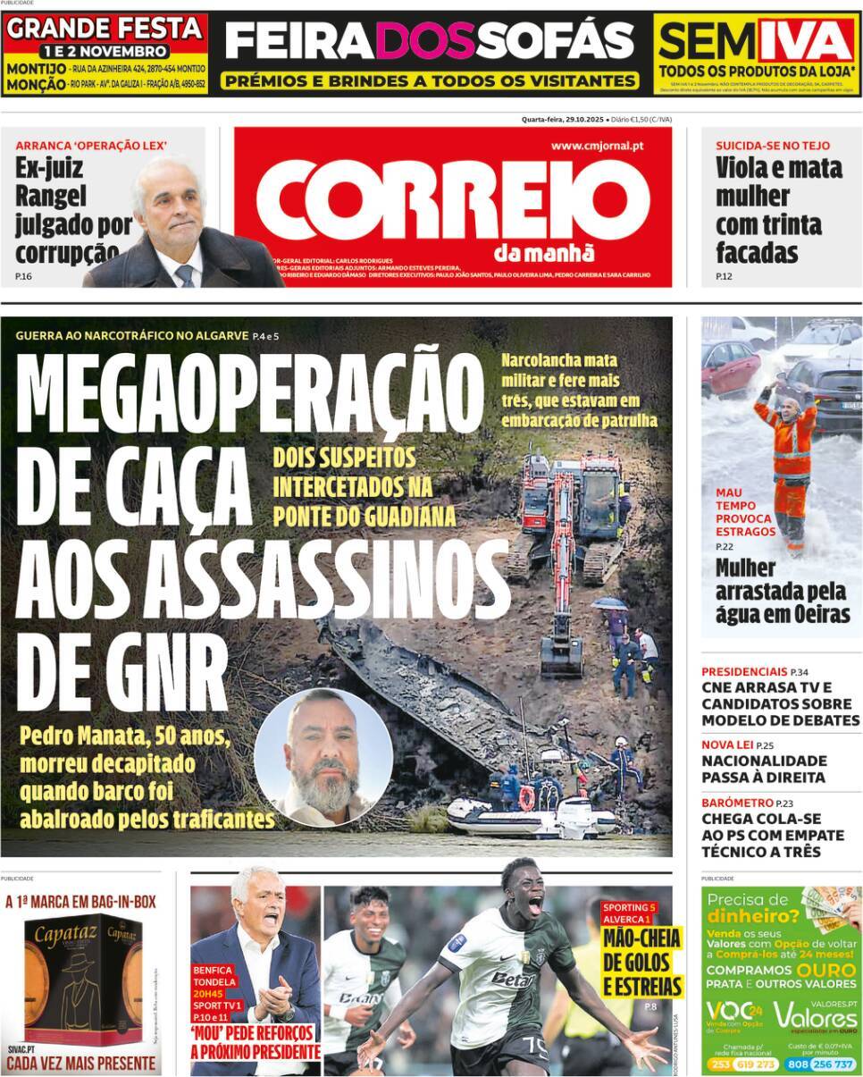 Correio da Manh&atilde;: Capa da Edi&ccedil;&atilde;o de quarta-feira, 29 de outubro 2025