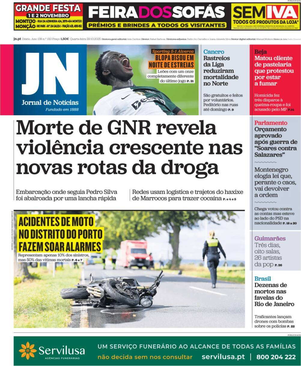 Jornal de Not&iacute;cias: Capa da Edi&ccedil;&atilde;o de quarta-feira, 29 de outubro 2025