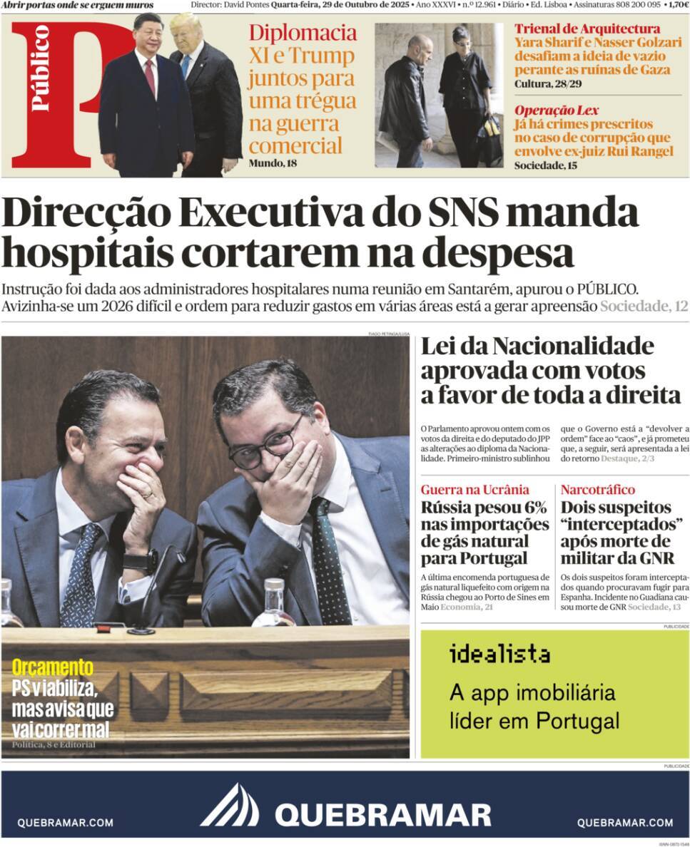 P&uacute;blico: Capa da Edi&ccedil;&atilde;o de quarta-feira, 29 de outubro 2025