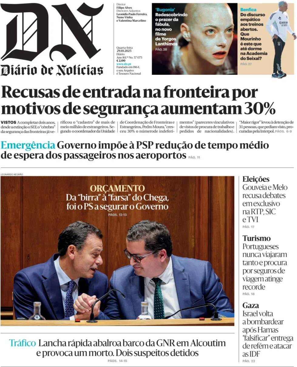 Di&aacute;rio de Not&iacute;cias: Capa da Edi&ccedil;&atilde;o de quarta-feira, 29 de outubro 2025