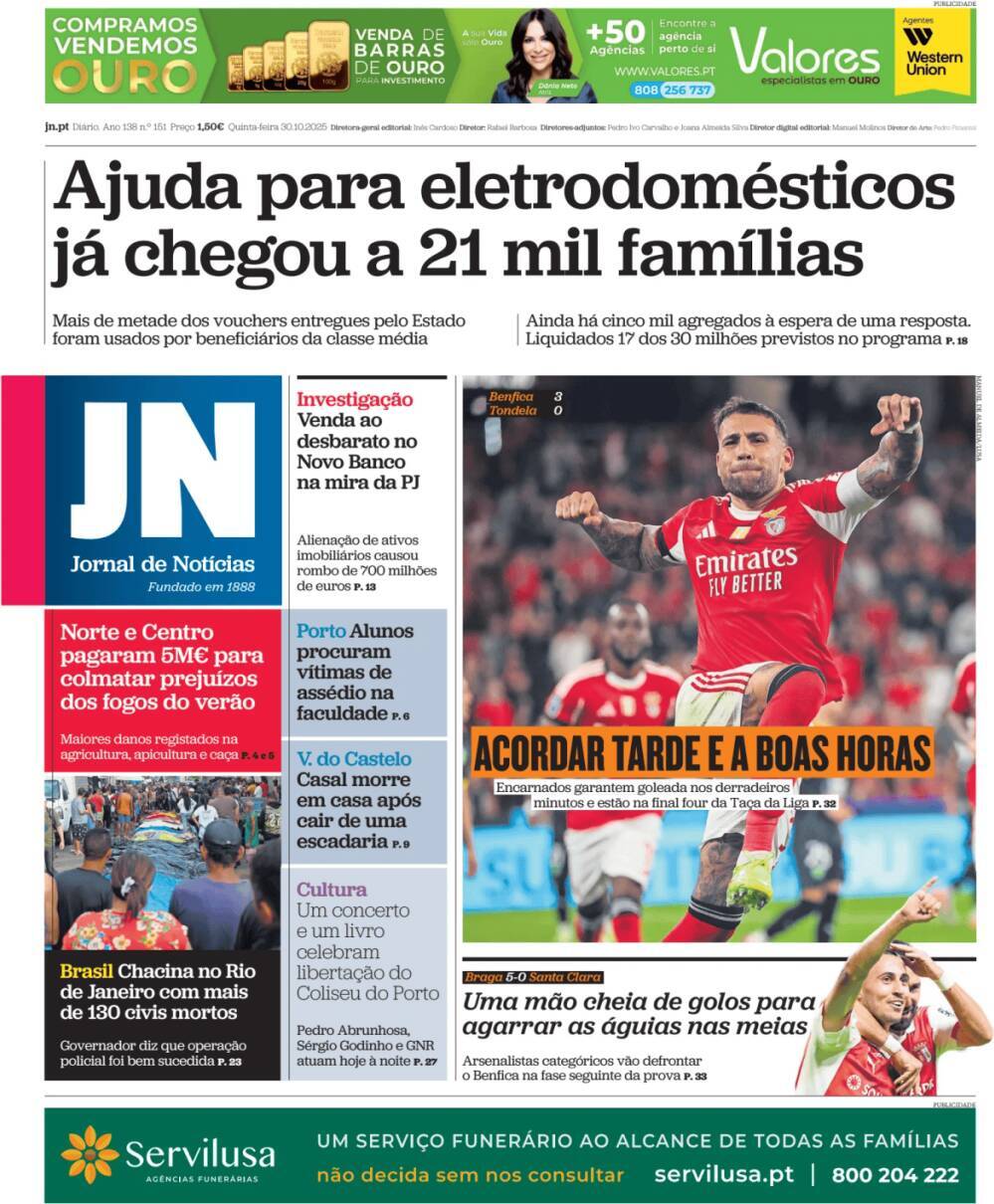 Jornal de Not&iacute;cias: Capa da Edi&ccedil;&atilde;o de quinta-feira, 30 de outubro 2025