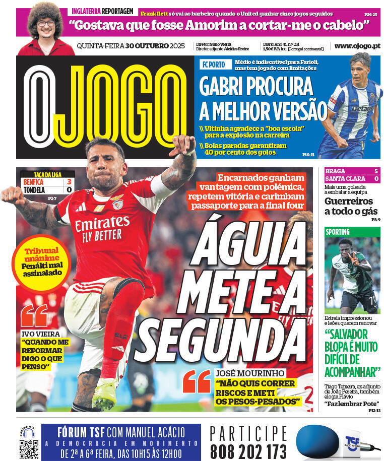 O Jogo: Capa da Edi&ccedil;&atilde;o de quinta-feira, 30 de outubro 2025