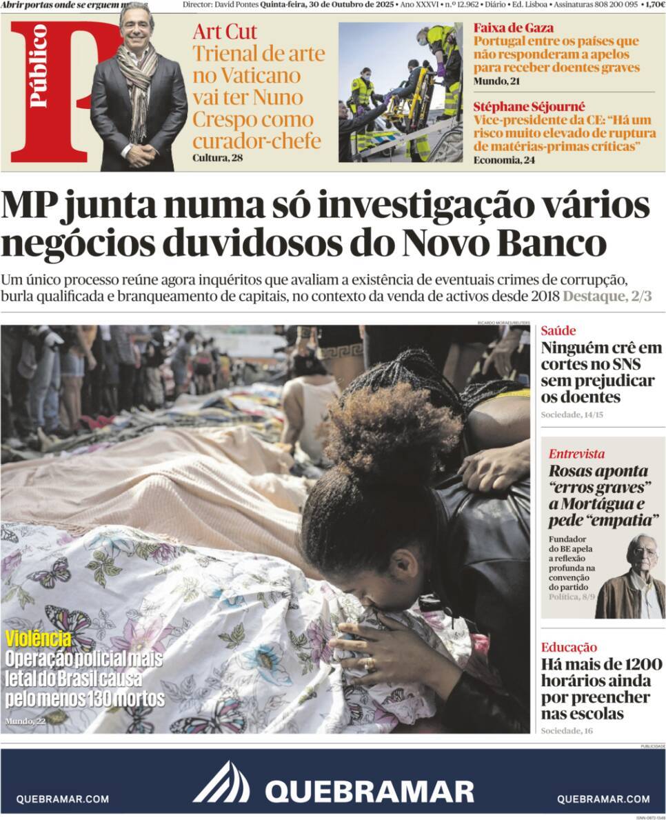 P&uacute;blico: Capa da Edi&ccedil;&atilde;o de quinta-feira, 30 de outubro 2025