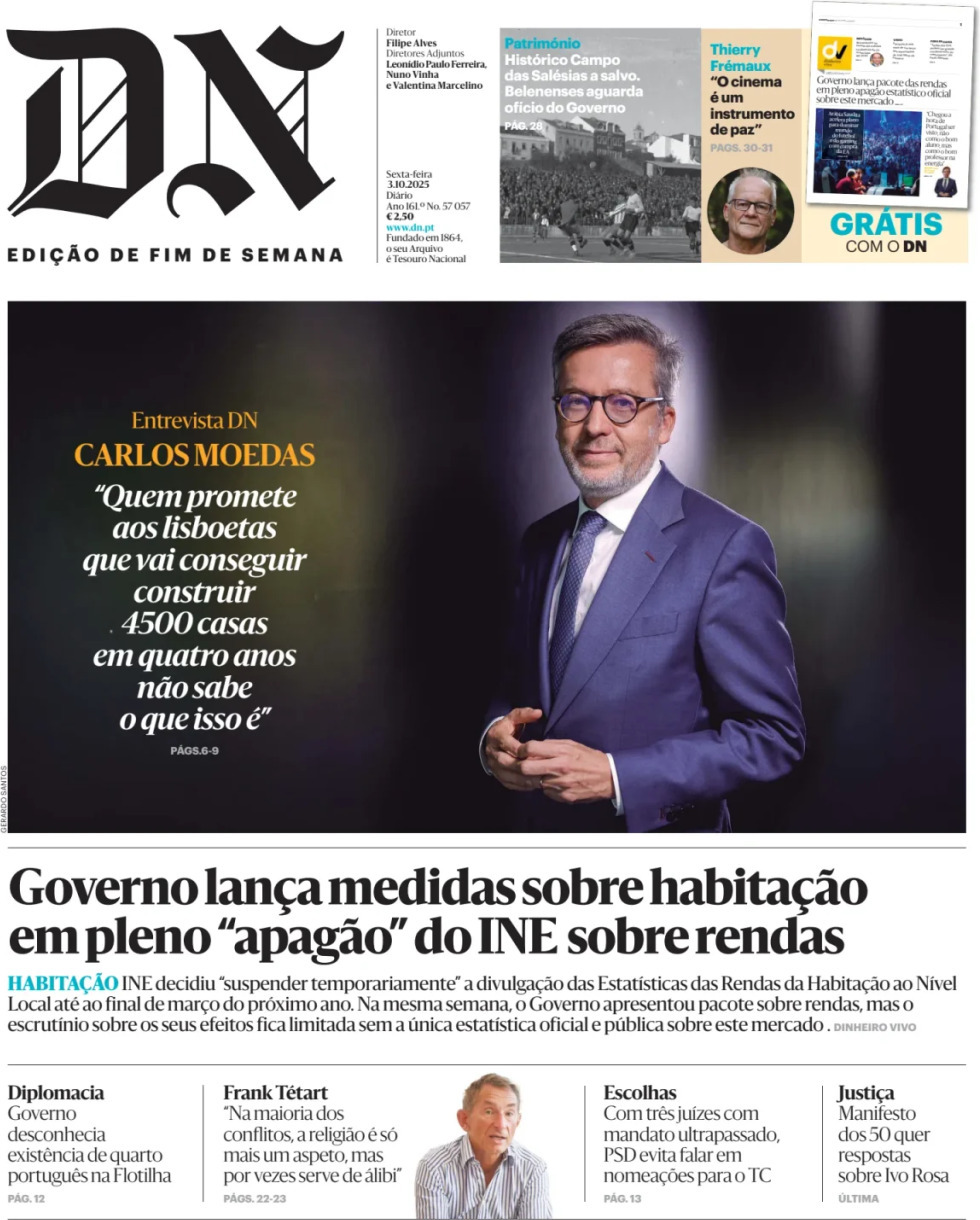 Di&aacute;rio de Not&iacute;cias: Capa da Edi&ccedil;&atilde;o de sexta-feira, 03 de outubro 2025