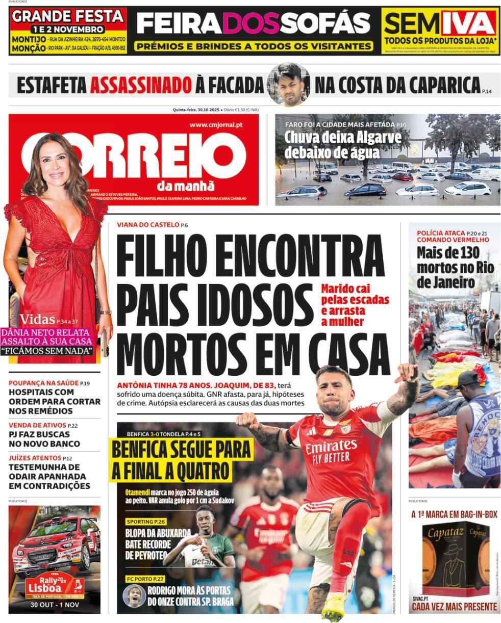 Correio da Manh&atilde;: Capa da Edi&ccedil;&atilde;o de quinta-feira, 30 de outubro 2025