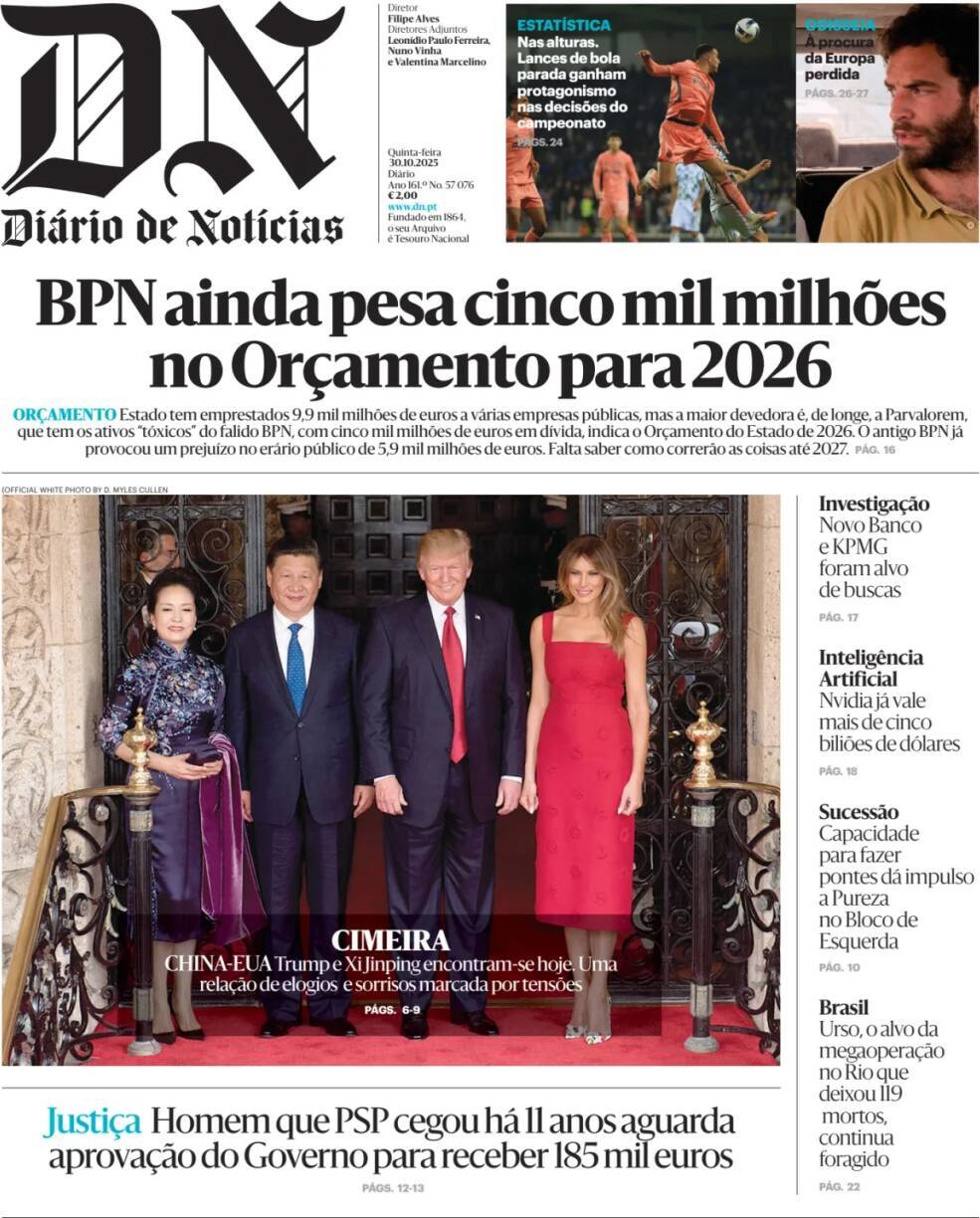 Di&aacute;rio de Not&iacute;cias: Capa da Edi&ccedil;&atilde;o de quinta-feira, 30 de outubro 2025