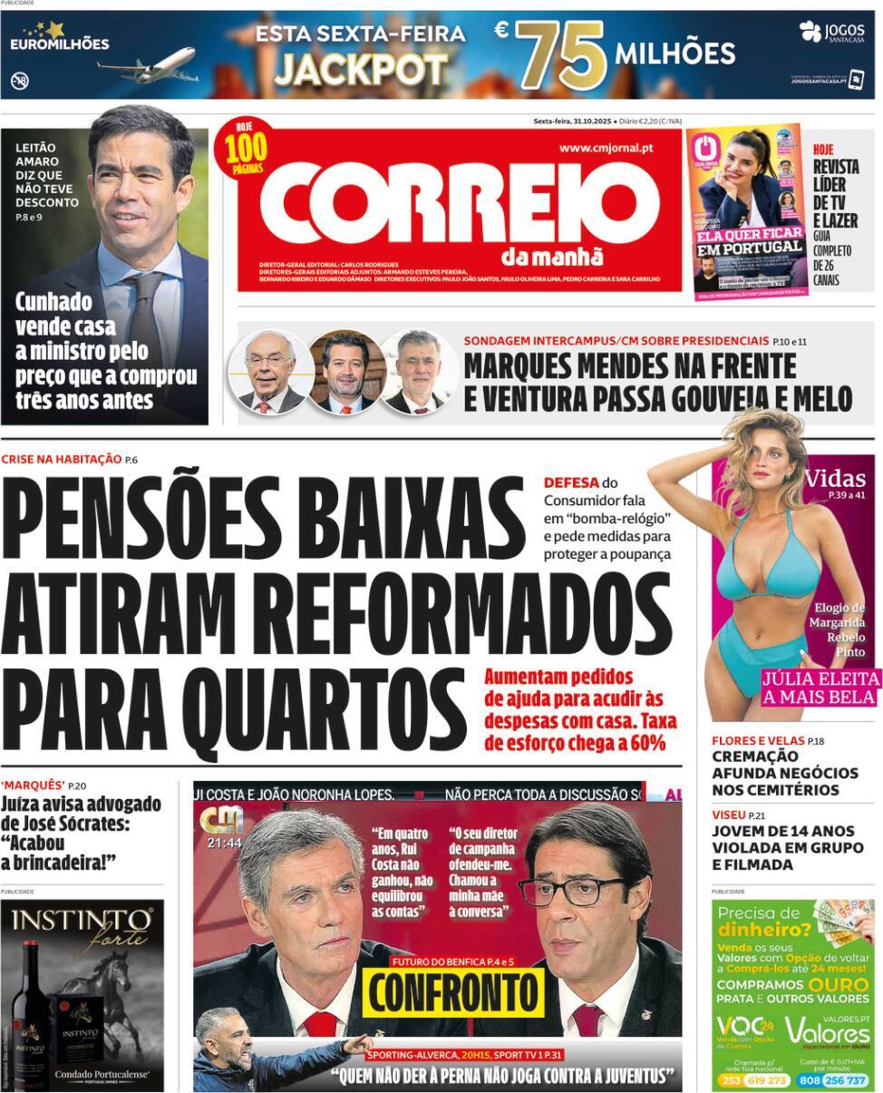Correio da Manh&atilde;: Capa da Edi&ccedil;&atilde;o de sexta-feira, 31 de outubro 2025